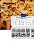 Heavy Duty Stainless Steel Washer Set With 260 Pcs Spring And Flat Washers In Seven Sizes M2.5 To M10 Rust Resistant Assortment Kit For Home Workshop And Factory Use, open case