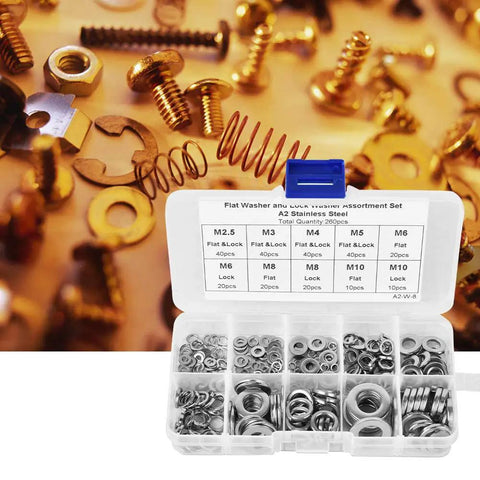 Heavy Duty Stainless Steel Washer Set With 260 Pcs Spring And Flat Washers In Seven Sizes M2.5 To M10 Rust Resistant Assortment Kit For Home Workshop And Factory Use, open case