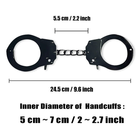 Metal Toy Handcuffs With Keys Adjustable Black Handcuffs For Pretend Play Stage Props measuring 24.5 cm in full length