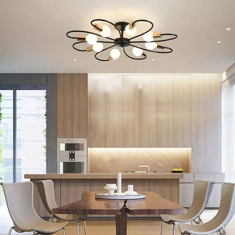 Eight Light Dope Semi Flush Ceiling Light Sputnik Style Chandelier Modern Mid Century Industrial Vintage Metal Pendant Lighting Fixture For Kitchen Dining Living Room Bedroom Black And Gold in stylish kitchen