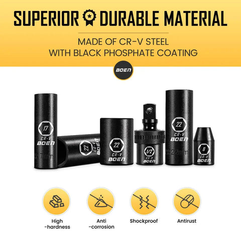 Half Inch Drive Impact Socket Set, 33 Piece Deep And Shallow Metric Socket Set From 8mm To 22mm, CRV Steel Material Display