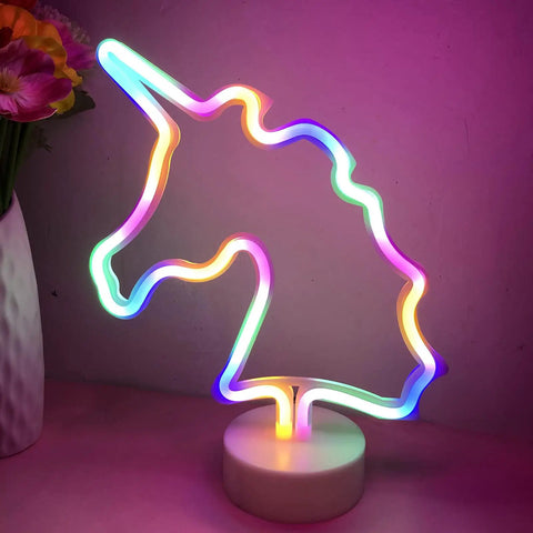 Unicorn LED Night Light For Girls Bedroom Decor Colorful Neon Unicorn Sign With USB Or Battery Power Cute Kids Room Nightlight Lit Dreamy Glow And Dope Ambience, unicorn silhouette on round base.