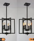 Industrial Farmhouse Pendant Light Fixture Four Lights Flush Mount Metal Ceiling Light With Adjustable Height E12 Base Candle Lantern Hanging Light For Dining Room Kitchen Island Bedroom Living Room Black, shown with lights off and on.