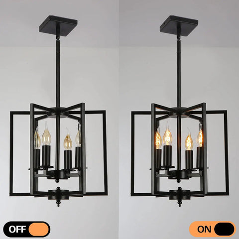 Industrial Farmhouse Pendant Light Fixture Four Lights Flush Mount Metal Ceiling Light With Adjustable Height E12 Base Candle Lantern Hanging Light For Dining Room Kitchen Island Bedroom Living Room Black, shown with lights off and on.