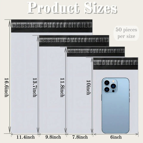 200 Pack Poly Mailers With Four Assorted Sizes 10 By 6 Inches, 11.8 By 7.8 Inches, 13.7 By 9.8 Inches, And 16.6 By 11.4 Inches Waterproof Tear Resistant White Shipping Envelopes For Clothes Books And More