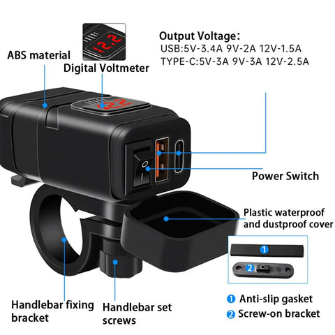 Motorcycle Usb Charger With Badass Waterproof Sae To Usb Adapter For Sweet Street Rides Featuring Knockout Dual Fast Quick Charge 3 Plus Pd Voltage Meter Plug And Play Toggle Switch Red, showing digital voltmeter and power switch.