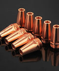 Five Piece P80 Carbon Arc Air Gouging Tips Nozzles For Plasma Cutting Torch Consumables, copper nozzles stacked.