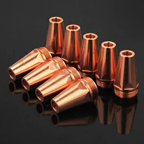 Five Piece P80 Carbon Arc Air Gouging Tips Nozzles For Plasma Cutting Torch Consumables, copper nozzles stacked.