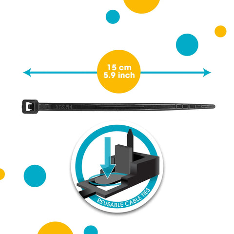Black zip tie with dimensions shown, part of Magnetic Cable Zip Tie Mounts Black 20 Pack With 20 Black Zip Ties Included.
