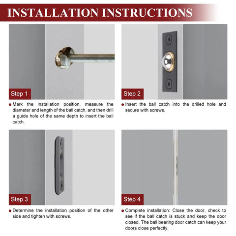 Installation instructions for Badass Stainless Steel Ball Catch Latch Pair For Closet Doors And Cabinet Drawers with steps.