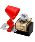 Heavy Duty Waterproof Fuse Block Rated 300 Amp 58 DC With M8 Single Stud Connector showing fuse holder and red cover.