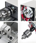 6 in 1 Mini Lathe for DIY Wood and Stone Carving Bead Grinding Drilling and Engraving, Compact 12-24V 96W showing motor and components.