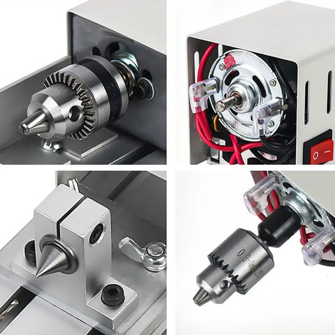Close-up of Quantbu Mini Metal Lathe 6-in-1 Wood Carving Machine showing precision chuck and motor details.