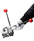 GD35 Manual Sealless Steel Strapping Machine Innovative Combination Banding Tool in use, showcasing metal tightening mechanism.