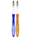 Next Level Battery Powered Electric Toothbrush With Durable Medium Bristles eliminates plaque. Two compact brushes in blue and orange.
