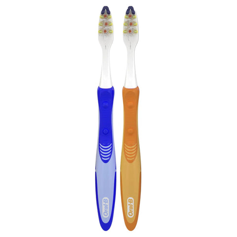Next Level Battery Powered Electric Toothbrush With Durable Medium Bristles eliminates plaque. Two compact brushes in blue and orange.