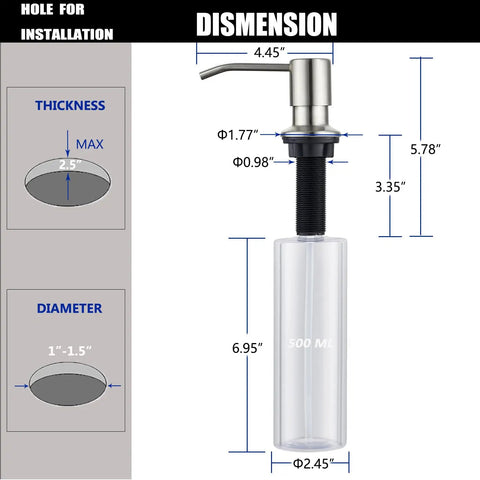 Dimensions of Brushed Nickel Sink Soap Dispenser For Kitchen Sink Stainless Steel Build 17 Oz Refill Bottle Built In Design