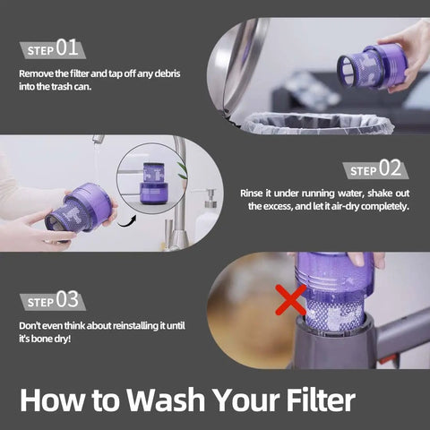 Step-by-step washing guide for 2 Pack Replacement Vacuum Filters For V11 Animal V11 Torque Drive V11 Complete V11 Extra And V15 Detect V15s Detect Cordless Vacuums Washable Reusable Pet Hair Dirt Dust