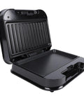 Top Rack Electric Panini Press Maker 750 Watt Indoor Grill For Home Cooked Steaks Burgers Breakfasts With Non Stick Aluminum Plate And Stainless Steel Build 9.3 x 5.1 Inches US Plug Easy Clean Design open with nonstick plate.