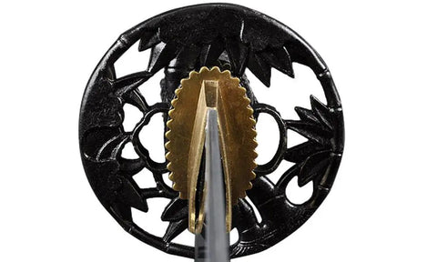 Authentic Bamboo Katana Training Sword With Lightweight Aluminum Alloy Blade's ornate bamboo tsuba close-up