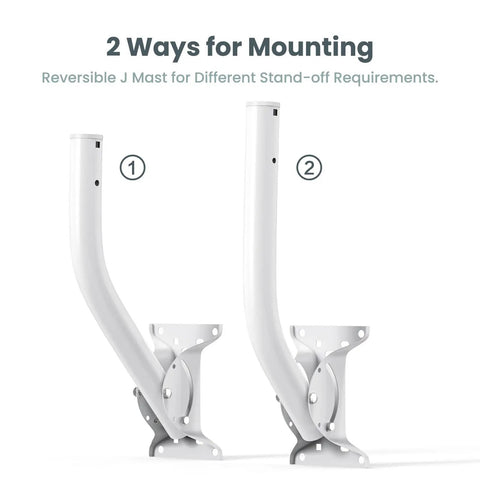 Heavy Duty Universal J Pole Antenna Mount Two Pack With 150 Degree Swivel Arm, reversible J mast for versatile mounting options.