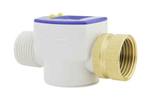 Side view of P3 Water Flow Meter with Heavy Duty Brass Swivel for Outdoor Hose, displaying connection port, ideal for precise water measurement.