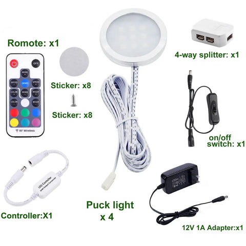 RGB Under Cabinet Lights Kit With Wireless RF Remote And Dimmable LED Puck Lights For Kitchen Counter And Home Decor Vibe, components shown including adapter, splitter, and remote.