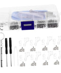 On The Go Eyeglass Repair Kit With Screws Nose Pads And Handy Multitools For Eyewear Watches And Jewelry Repair Keeps Your Specs Fixed Anywhere You Are, displayed with screws, nose pads, and multitools in a clear case.