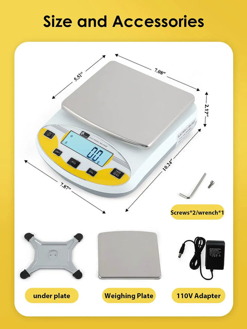 Pro Grade High Precision Lab Scale 5000g X 0.01g Digital Analytical Balance with accessories including weighing plate and 110V adapter