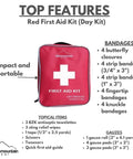 Two Person Day Trip First Aid Kit with bandages and gauze for outdoor adventures, showcasing compact design and contents.