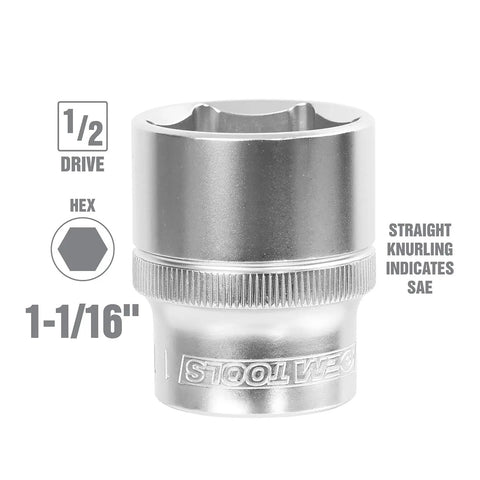 1-1/16 Inch SAE Socket 6 Point With Thin Wall Design For Tight Spots Knurling Optimized For Best Finger Grip Deep Marking