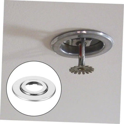 Twenty Pack Heavy Duty Stainless Steel Double Disc Escutcheon Plates For Fire Sprinkler Heads shown mounted on ceiling.
