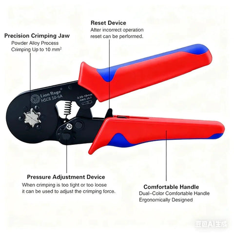 HSC8 10-6 Ferrule Crimping Pliers Professional Cold Press Insulated Terminal Crimper For Household Diy Electrical Repairs 1234 with ergonomic handles.