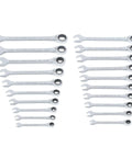 Shop Grade Twenty Piece Ratchet Wrench Set With Slick Chrome Plating And Big Bold Numbers features 20 SAE and metric wrenches with 90 tooth gears.