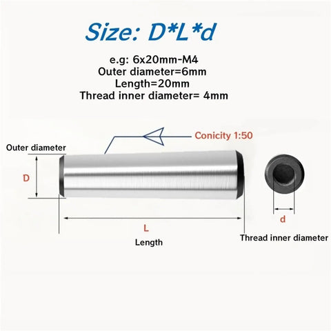 Diagram of Pro Grade High Strength Quenched Taper Pin With Internal Thread For Quick, Precise Assembly Alignment showing dimensions