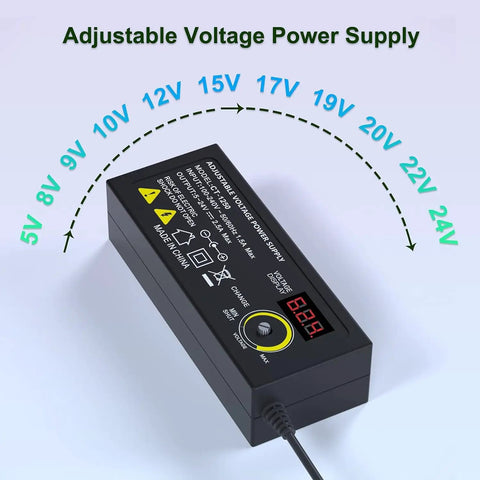 Beefed Up 60W Adjustable 24V Power Supply with LED Voltage Display showing various DC outputs from 5V to 24V.