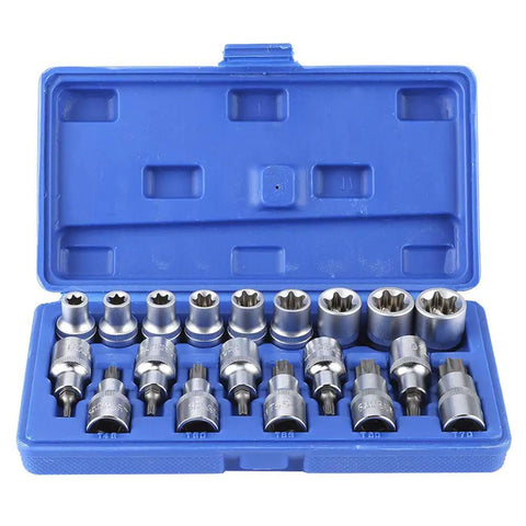 19 Piece Set 2 Inch Drive Star Hex Socket Bit Kit For Car Repair And Maintenance in blue case, includes male and female sockets.