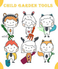 Illustration of children with animal costumes holding Durable Metal Kids Gardening Tools Set With Safe PE Handles, 4 Piece Toddler Garden Kit.