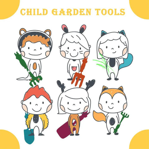 Illustration of children with animal costumes holding Durable Metal Kids Gardening Tools Set With Safe PE Handles, 4 Piece Toddler Garden Kit.