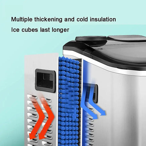 Totally Portable Countertop Ice Cube Maker With Zero Hassle Production That Whips Up A Fast 24 Piece Batch For Keeping Drinks Iced All Day Solid Food Grade Abs Housing Super Easy Setup Perfect For Home Bar showing multiple insulation and ice cubes.
