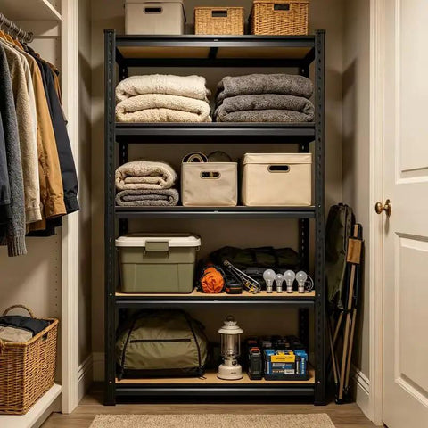 Kickass Heavy Duty 5 Tier Metal Storage Shelving Unit With Reinforced Adjustable Steel Racks For Garage Pantry Warehouse Industrial Tool Organization Setup filled with blankets, bins, and tools.