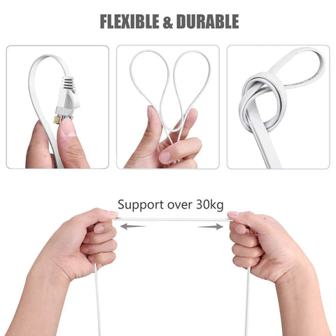 Flexible Flat Cat6 Ethernet Cable 20 Ft White RJ45 Patch Cord for Gigabit LAN, showing durability and slim design.