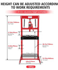 Height adjustment details of Tough As Nails 12 Ton H-Frame Hydraulic Shop Press With Adjustable Height And Pneumatic Ready Setup.