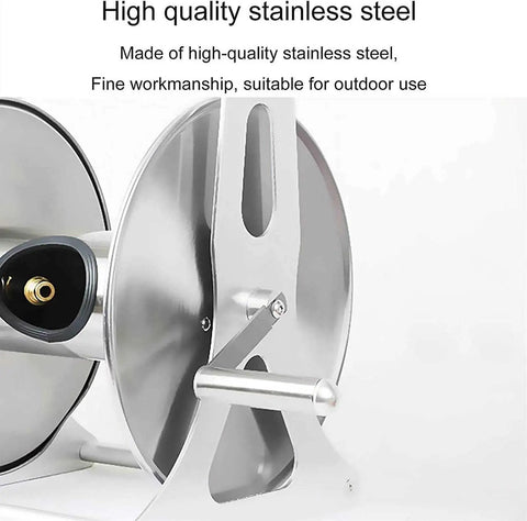 Close-up of Hella Tough Stainless Steel Garden Hose Reel showcasing smooth metal finish and brass fittings for easy outdoor use.