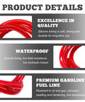 Product details of Red Flexible Silicone Fuel Line Hose 0.2 Inch By 3.28 Feet, showcasing durability and waterproof features.
