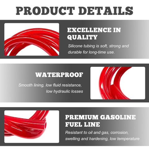 Product details of Red Flexible Silicone Fuel Line Hose 0.2 Inch By 3.28 Feet, showcasing durability and waterproof features.