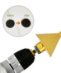 Beveling Chamfer Bit With Diamond Cone Tile Bit 1.5 Inch Countersink Drill Bit attached to angle grinder, with before and after hole view