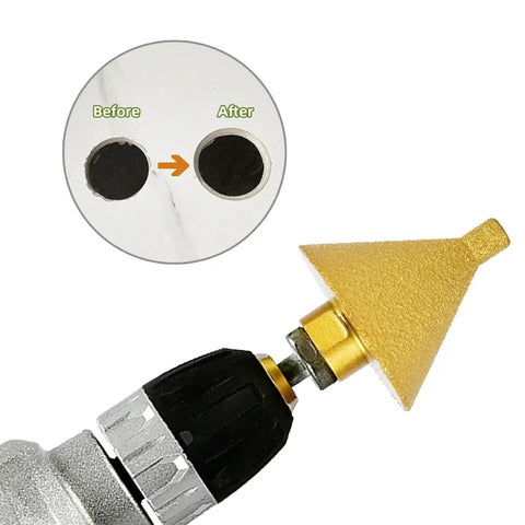 Beveling Chamfer Bit With Diamond Cone Tile Bit 1.5 Inch Countersink Drill Bit attached to angle grinder, with before and after hole view