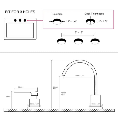 Diagram of Sleek Brushed Gold 8 Inch Deck Mount Bathroom Faucet With 3-Hole Brass Square Waterfall Aerator, showcasing dimensions and hole spacing.