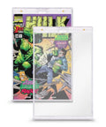 Current Size Comic Book Display Case Holder Magnetic Protector With Diamond Corners shown with Hulk comic inside crystal clear lens.